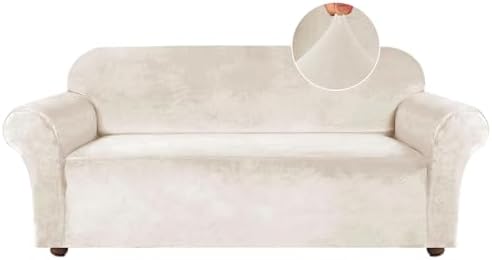 Turquoize Velvet Sofa Slipcover - Ivory 3 Cushion Fit 1