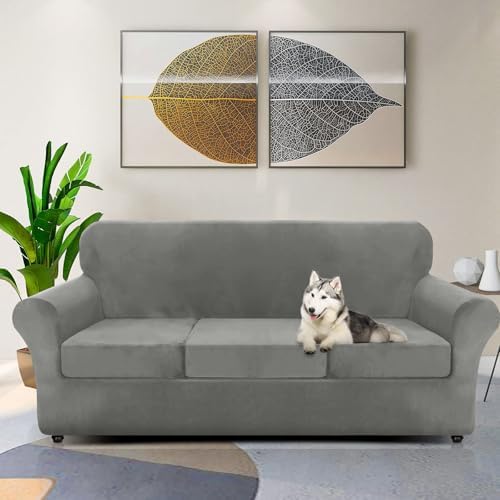 Luxury Velvet Sofa Slipcover 4 Piece Set Grey
