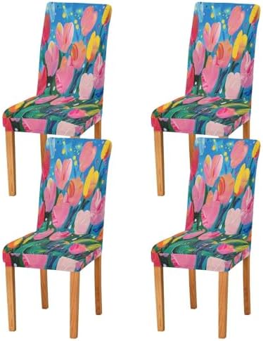 Dining Room Chair Covers Set of 4 Oil on Canvas Tulips Stretch Covers