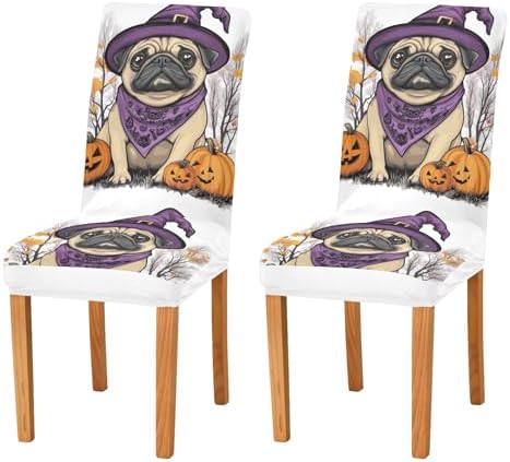ALAZA Dining Chair Covers Set of 4 Halloween Pug Spandex Slipcovers
