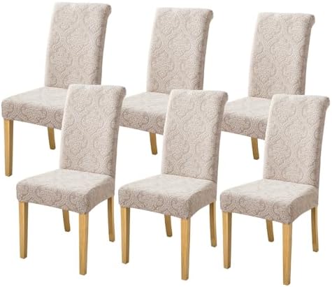 FORCHEER Jacquard Dining Chair Covers Set of 6 Khaki Washable Slipcovers