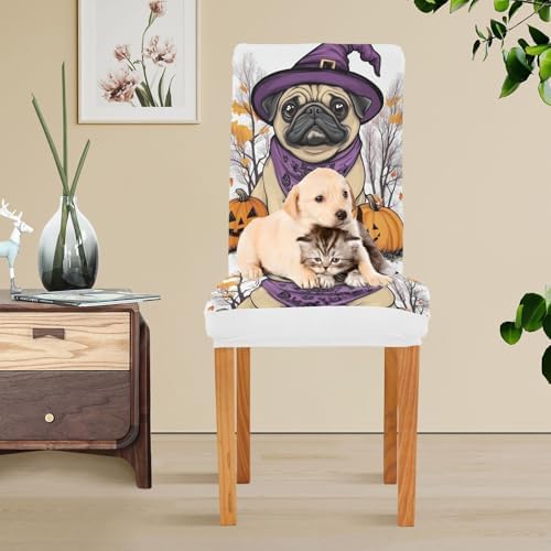 ALAZA Dining Chair Covers Set of 4 Halloween Pug Spandex Slipcovers