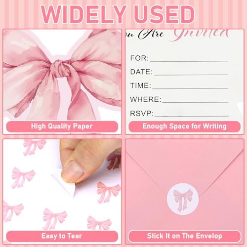 Marspark 25 Set Pink Bow Birthday Invitations