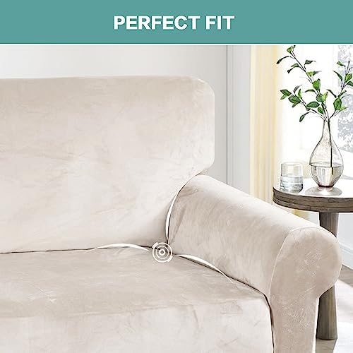 Turquoize Velvet Sofa Slipcover - Ivory 3 Cushion Fit 1