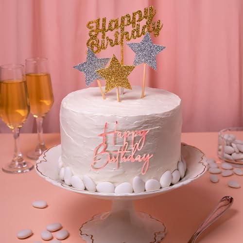 6pcs Pink Happy Birthday Cake Toppers Acrylic Decorations 1