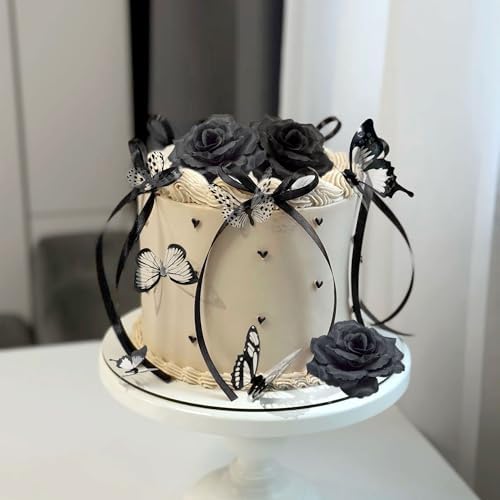 Gothic Cake Decorations Bows Butterfly Black Rose Cake Topper Set