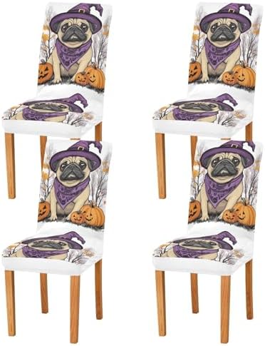ALAZA Dining Chair Covers Set of 4 Halloween Pug Spandex Slipcovers