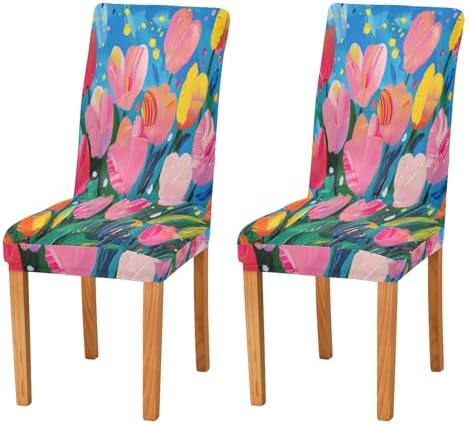 Dining Room Chair Covers Set of 4 Oil on Canvas Tulips Stretch Covers