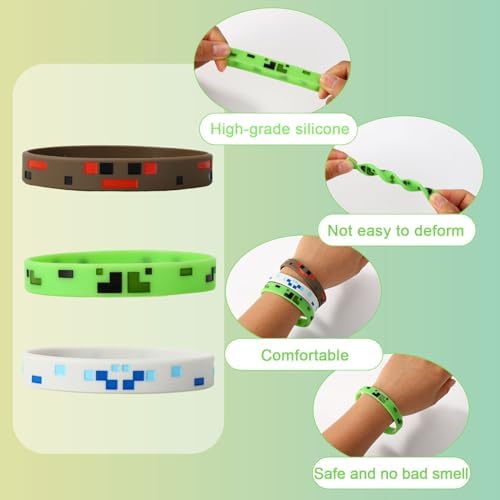 24pcs Pixel Silicone Bracelets 3 Styles Game Party Favors
