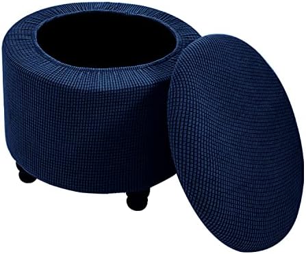 Andreannie Stretch Navy Blue Jacquard Stool Cover Ottoman Footstool Protector Washable Removable