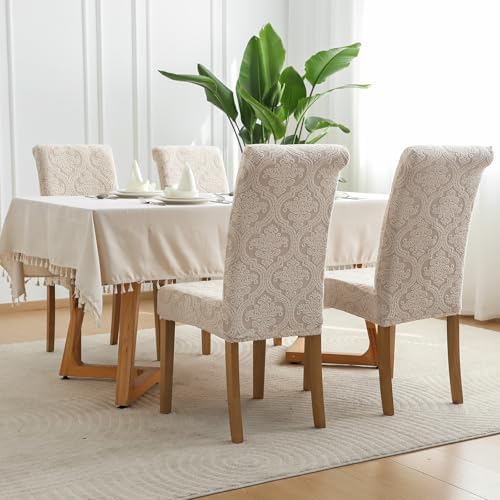 FORCHEER Jacquard Dining Chair Covers Set of 6 Khaki Washable Slipcovers