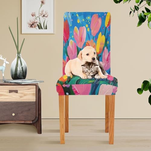 Dining Room Chair Covers Set of 4 Oil on Canvas Tulips Stretch Covers