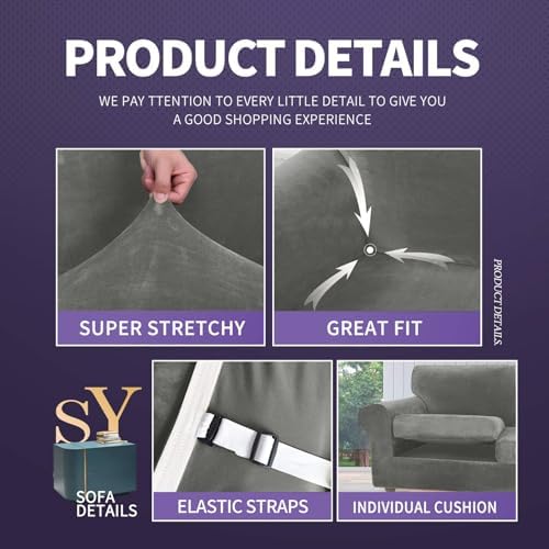 Luxury Velvet Sofa Slipcover 4 Piece Set Grey