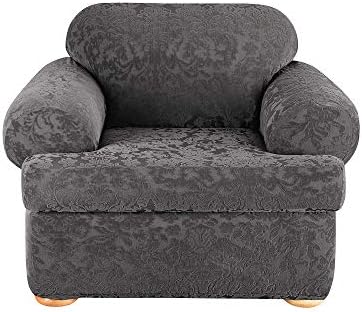 SureFit Stretch Jacquard Damask 2-Piece Chair Slipcover Gray SF41458