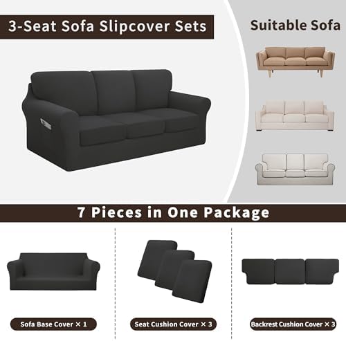 7 Piece Stretch Sofa Cover Set for Large Dark Grey Couch
