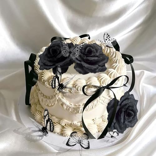 Gothic Cake Decorations Bows Butterfly Black Rose Cake Topper Set