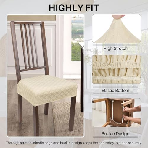SearchI Stretch Dining Chair Seat Covers Set of 6 Beige Diamond Jacquard 1