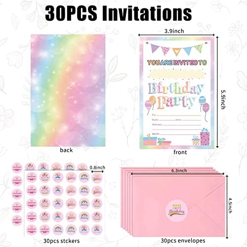 Idealmuzik 30 Pack Birthday Invitations for Girls with Envelopes and Stickers