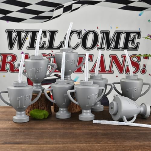 12 Pcs Kids Party Cups Race Car Trophy With Straws and Lids