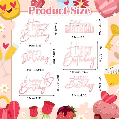 6pcs Pink Happy Birthday Cake Toppers Acrylic Decorations 1