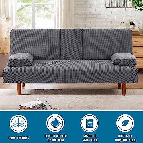 HVERSAILTEX 4-Piece Stretch Futon Slipcover with Removable Armrests and Cupholders Grey