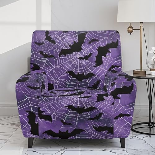 Halloween Bat Spider Web Recliner Sofa Slipcover Stretchable Purple Design
