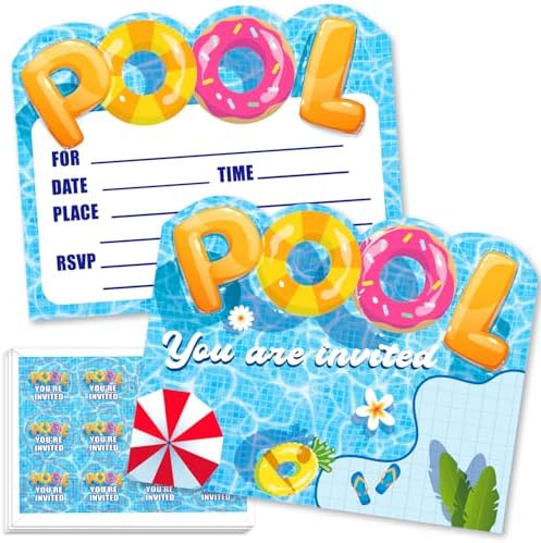 24PCS Summer Pool Party Invitations with Envelopes and Stickers