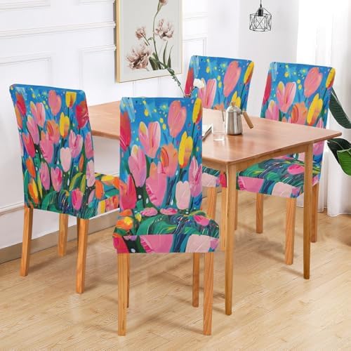 Dining Room Chair Covers Set of 4 Oil on Canvas Tulips Stretch Covers