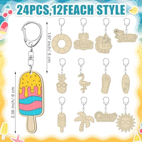 24 Pcs Summer Party Craft Wooden Keychains DIY