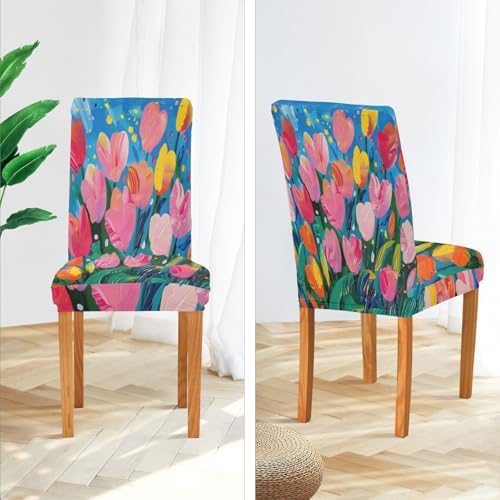 Dining Room Chair Covers Set of 4 Oil on Canvas Tulips Stretch Covers