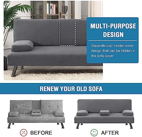 HVERSAILTEX 4-Piece Stretch Futon Slipcover with Removable Armrests and Cupholders Grey