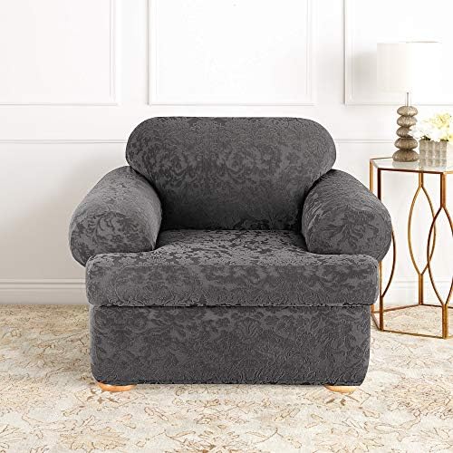 SureFit Stretch Jacquard Damask 2-Piece Chair Slipcover Gray SF41458