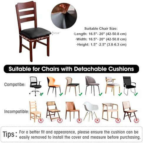 Waterproof PU Leather Seat Covers Set of 6 for Dining Chairs Black