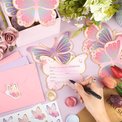 24 Piece Butterfly Birthday Invites for Girls Envelopes Stickers