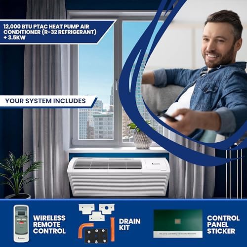 Klimaire PTAC 12000 BTU Heat Pump with Remote Control and 35 kW Heater
