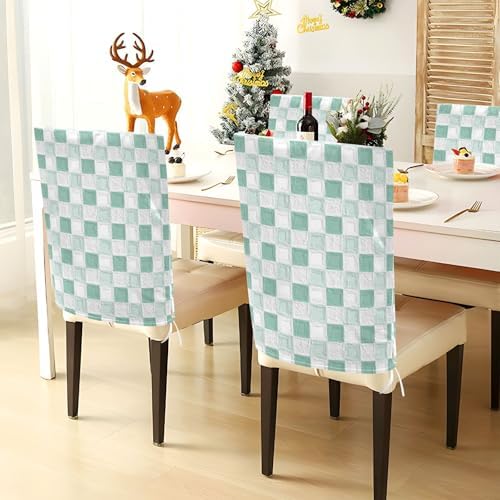 EtherSpher Oil on Canvas Green and White Checkered Chair Covers Set of 6