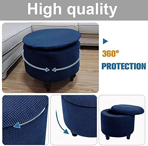 Andreannie Stretch Navy Blue Jacquard Stool Cover Ottoman Footstool Protector Washable Removable