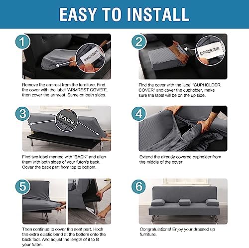 HVERSAILTEX 4-Piece Stretch Futon Slipcover with Removable Armrests and Cupholders Grey