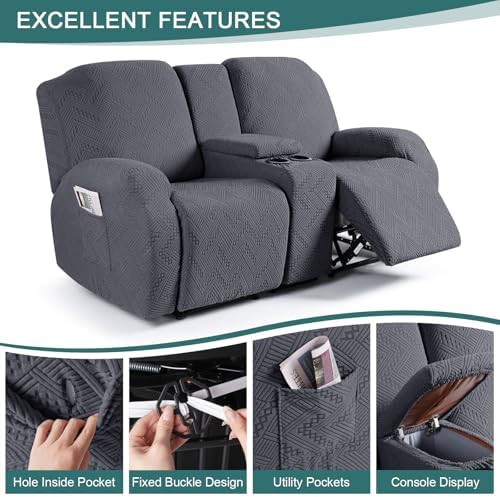 Ruaozz Stretch Recliner Covers with Console 4-Piece Dark Gray
