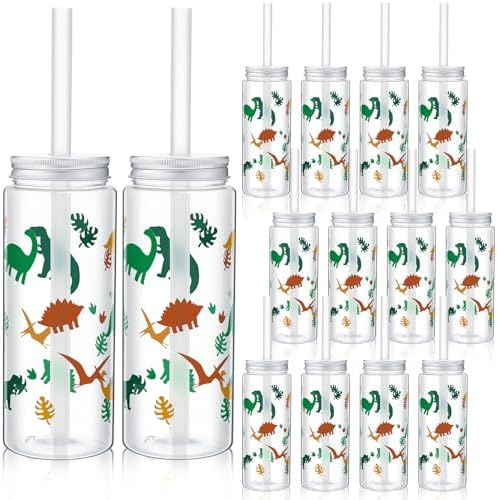 Skylety 12 Pack Dinosaur Themed Cups with Straw and Lid