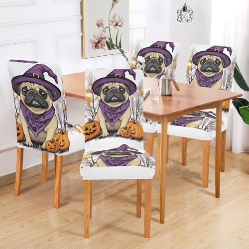ALAZA Dining Chair Covers Set of 4 Halloween Pug Spandex Slipcovers