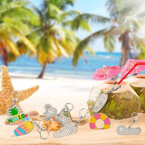24 Pcs Summer Party Craft Wooden Keychains DIY