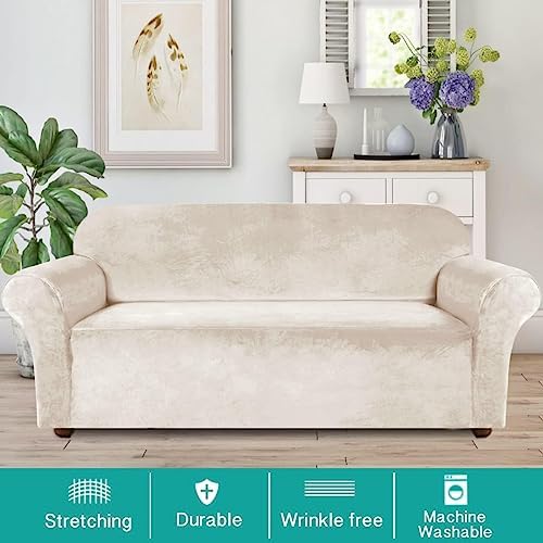 Turquoize Velvet Sofa Slipcover - Ivory 3 Cushion Fit 1