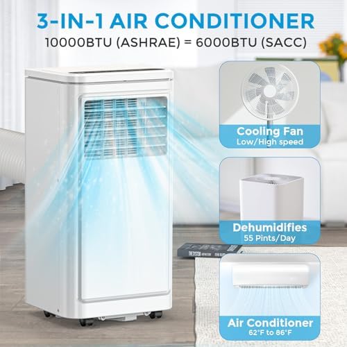 10000 BTU Portable AC Unit 3-in-1 Cooling Dehumidifier Fan