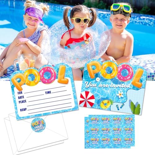 24PCS Summer Pool Party Invitations with Envelopes and Stickers