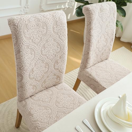 FORCHEER Jacquard Dining Chair Covers Set of 6 Khaki Washable Slipcovers