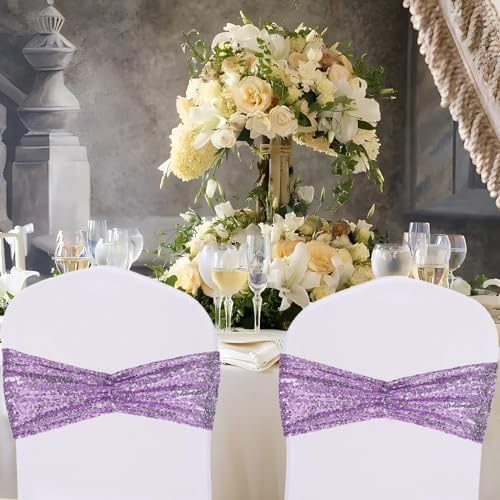 SquarePie 50 Pcs Lavender Sequin Chair Sashes Bands