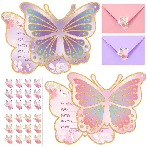 24 Piece Butterfly Birthday Invites for Girls Envelopes Stickers