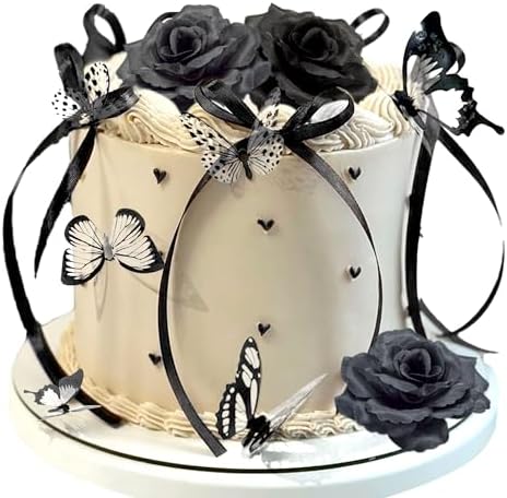 Gothic Cake Decorations Bows Butterfly Black Rose Cake Topper Set