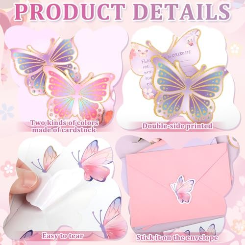 24 Piece Butterfly Birthday Invites for Girls Envelopes Stickers